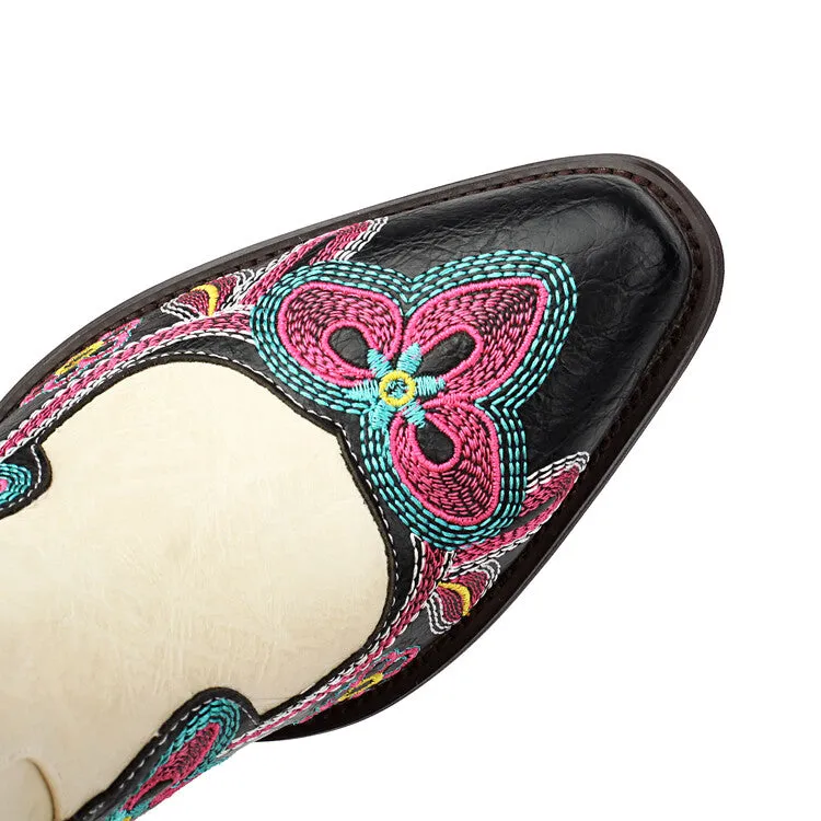 Women's Embroider Pointed Toe Block Heel Mid Calf Western Boots