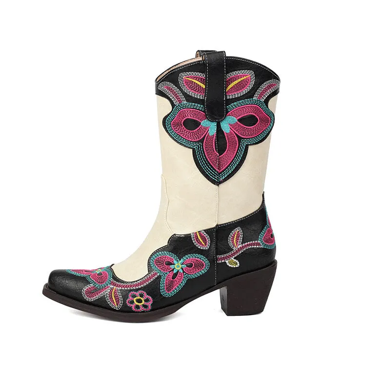 Women's Embroider Pointed Toe Block Heel Mid Calf Western Boots