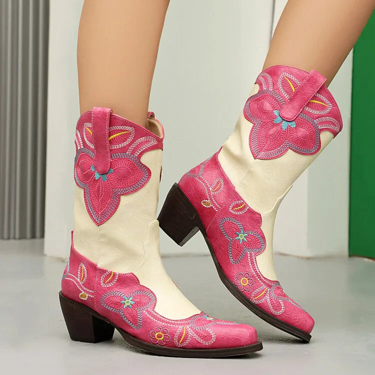 Women's Embroider Pointed Toe Block Heel Mid Calf Western Boots
