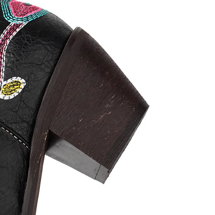 Women's Embroider Pointed Toe Block Heel Mid Calf Western Boots