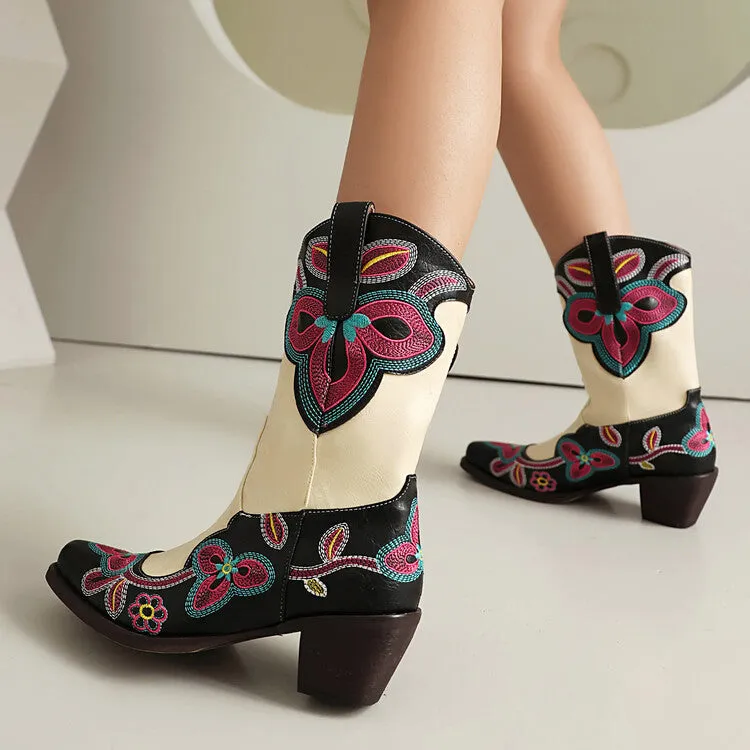 Women's Embroider Pointed Toe Block Heel Mid Calf Western Boots