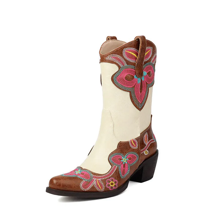 Women's Embroider Pointed Toe Block Heel Mid Calf Western Boots