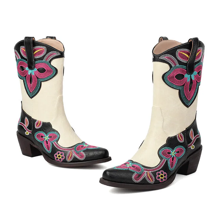 Women's Embroider Pointed Toe Block Heel Mid Calf Western Boots