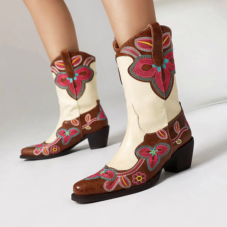 Women's Embroider Pointed Toe Block Heel Mid Calf Western Boots