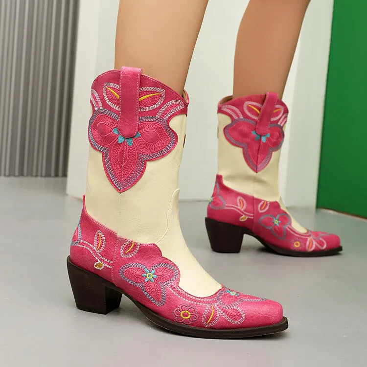 Women's Embroider Pointed Toe Block Heel Mid Calf Western Boots