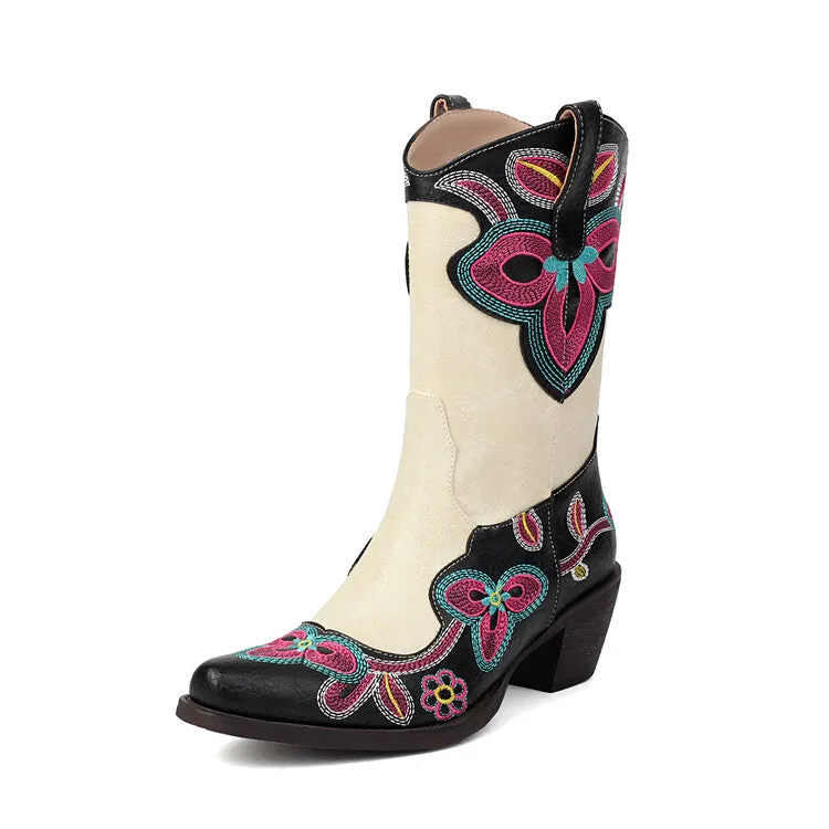 Women's Embroider Pointed Toe Block Heel Mid Calf Western Boots