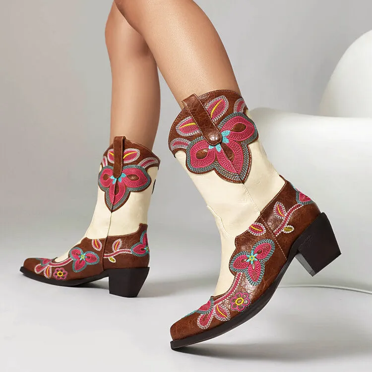 Women's Embroider Pointed Toe Block Heel Mid Calf Western Boots
