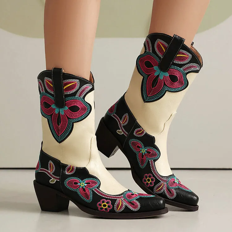Women's Embroider Pointed Toe Block Heel Mid Calf Western Boots