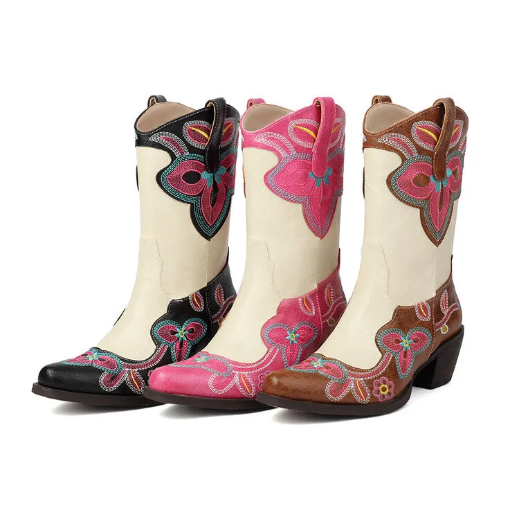 Women's Embroider Pointed Toe Block Heel Mid Calf Western Boots