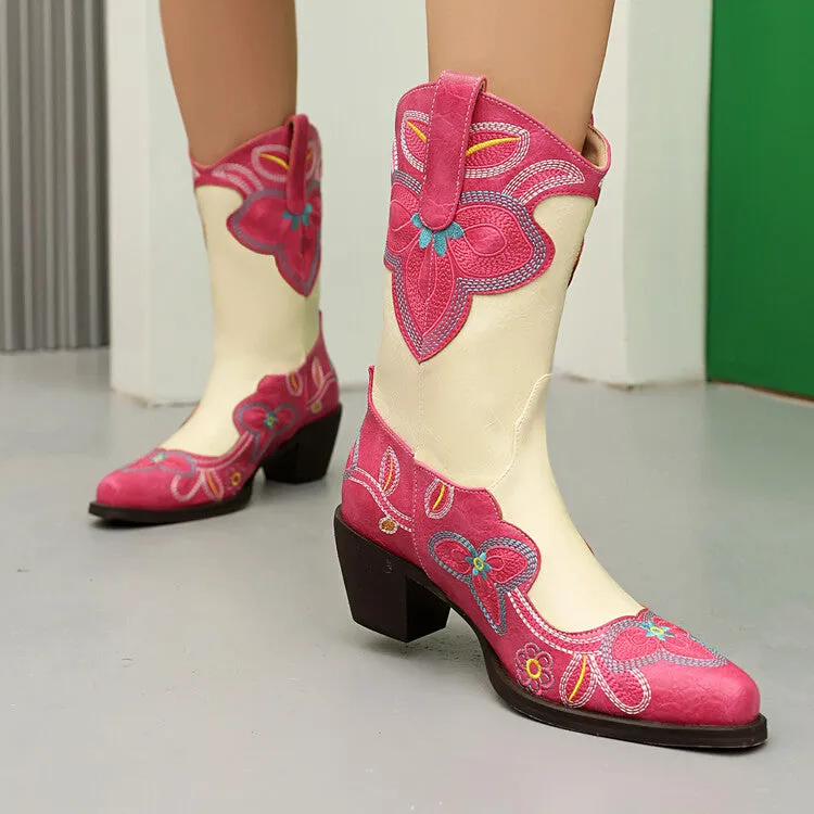 Women's Embroider Pointed Toe Block Heel Mid Calf Western Boots