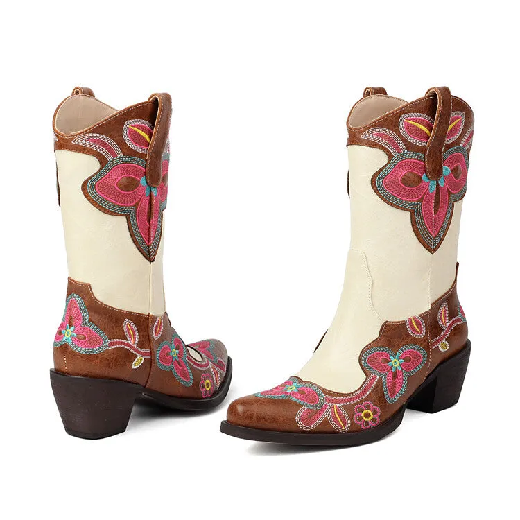 Women's Embroider Pointed Toe Block Heel Mid Calf Western Boots
