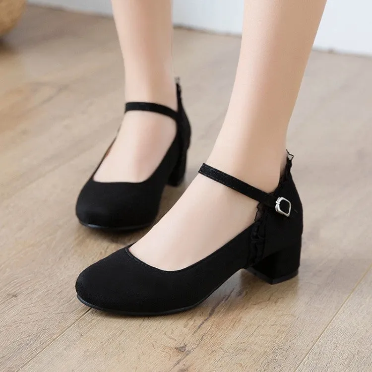 Women's Flock Mary Janes Ankle Strap Block Heel Pumps