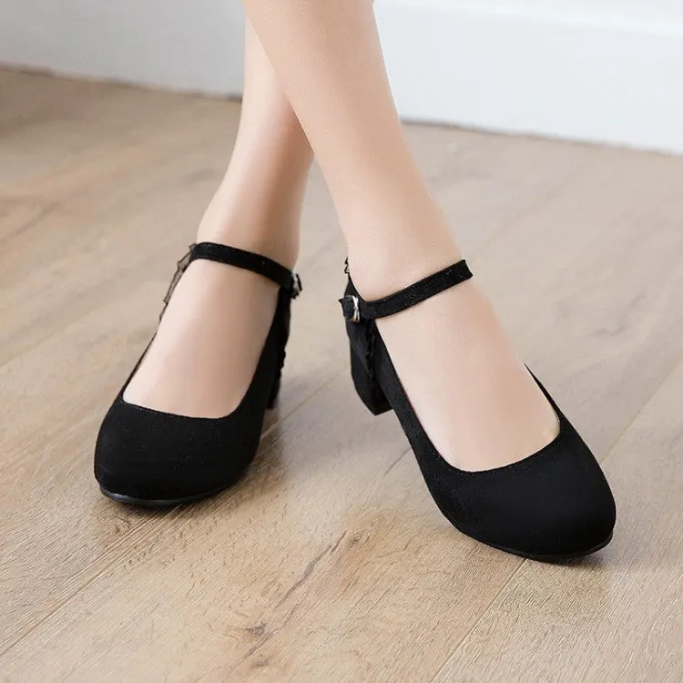 Women's Flock Mary Janes Ankle Strap Block Heel Pumps