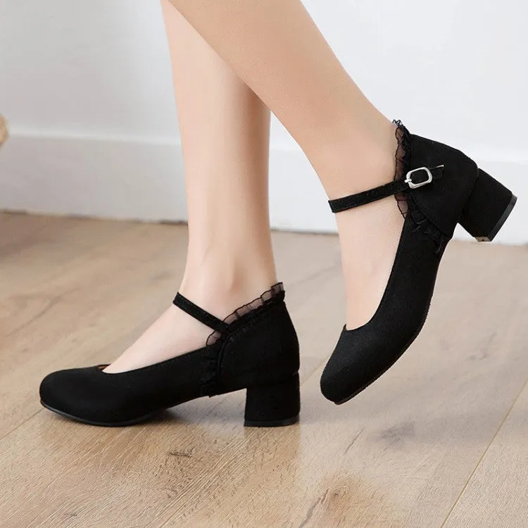 Women's Flock Mary Janes Ankle Strap Block Heel Pumps