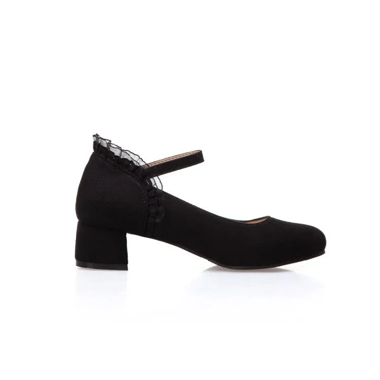 Women's Flock Mary Janes Ankle Strap Block Heel Pumps