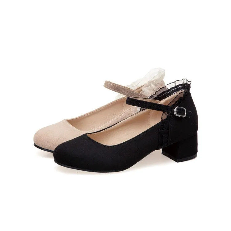 Women's Flock Mary Janes Ankle Strap Block Heel Pumps