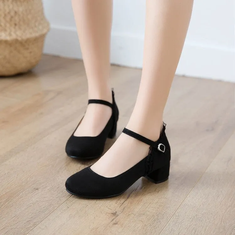 Women's Flock Mary Janes Ankle Strap Block Heel Pumps