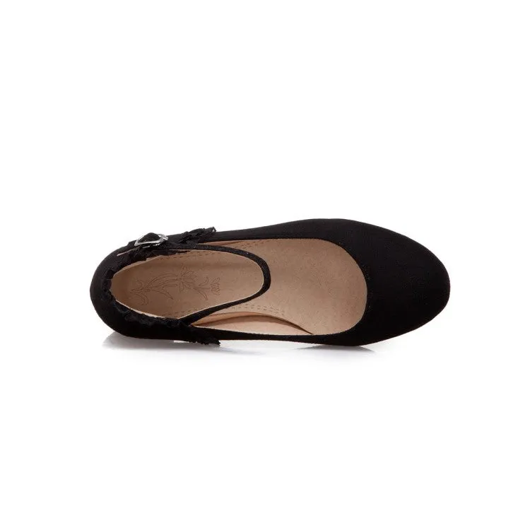 Women's Flock Mary Janes Ankle Strap Block Heel Pumps