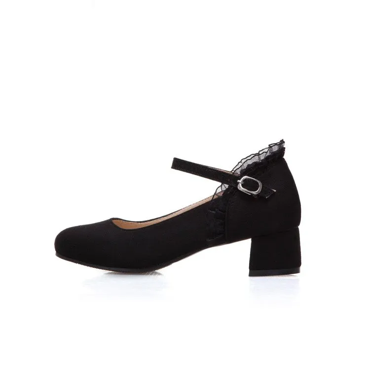 Women's Flock Mary Janes Ankle Strap Block Heel Pumps