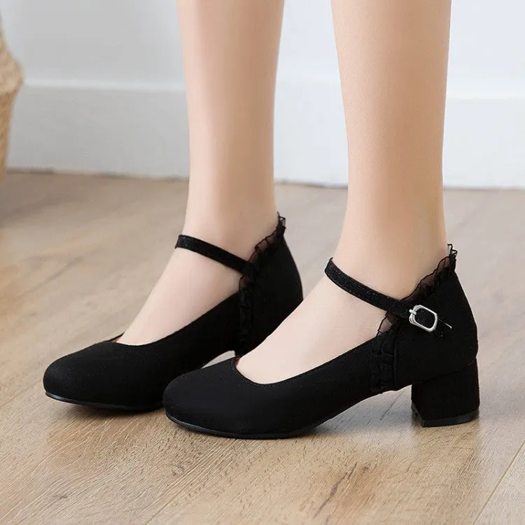 Women's Flock Mary Janes Ankle Strap Block Heel Pumps