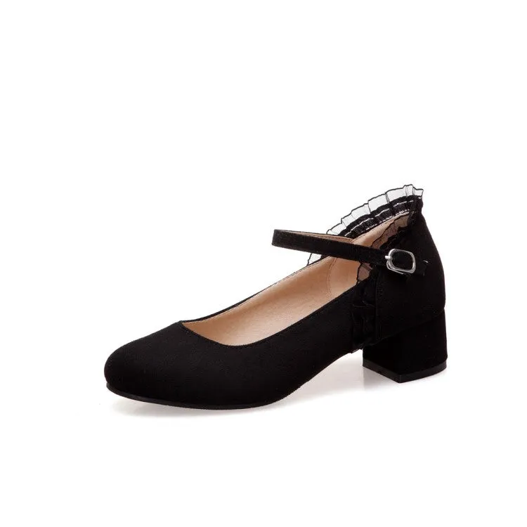 Women's Flock Mary Janes Ankle Strap Block Heel Pumps