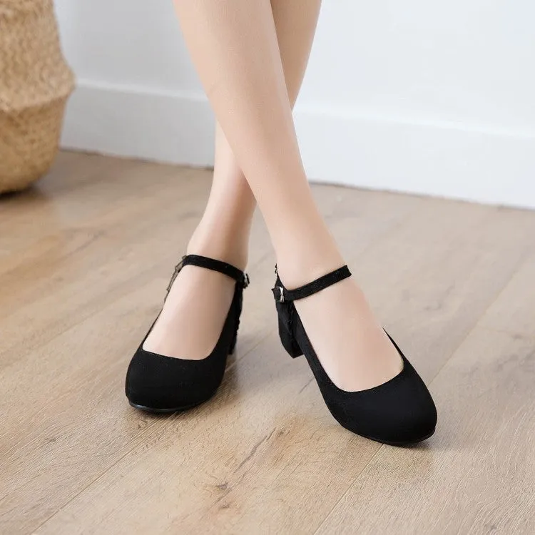 Women's Flock Mary Janes Ankle Strap Block Heel Pumps