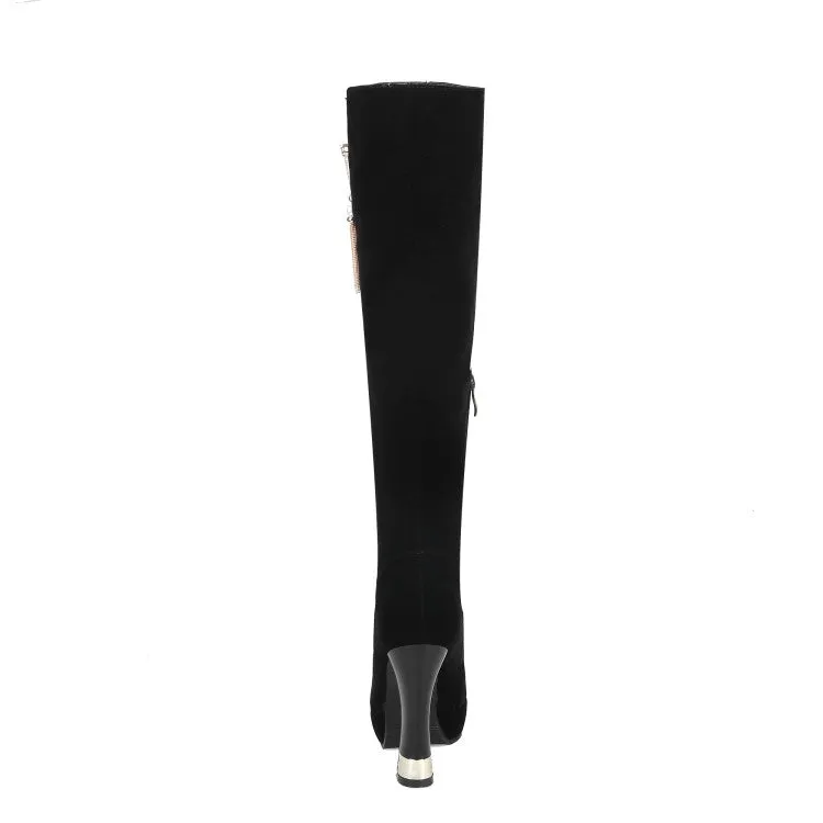 Women's Flock Rhinestone Tassel Side Zippers Spool Heel Platform Knee High Boots