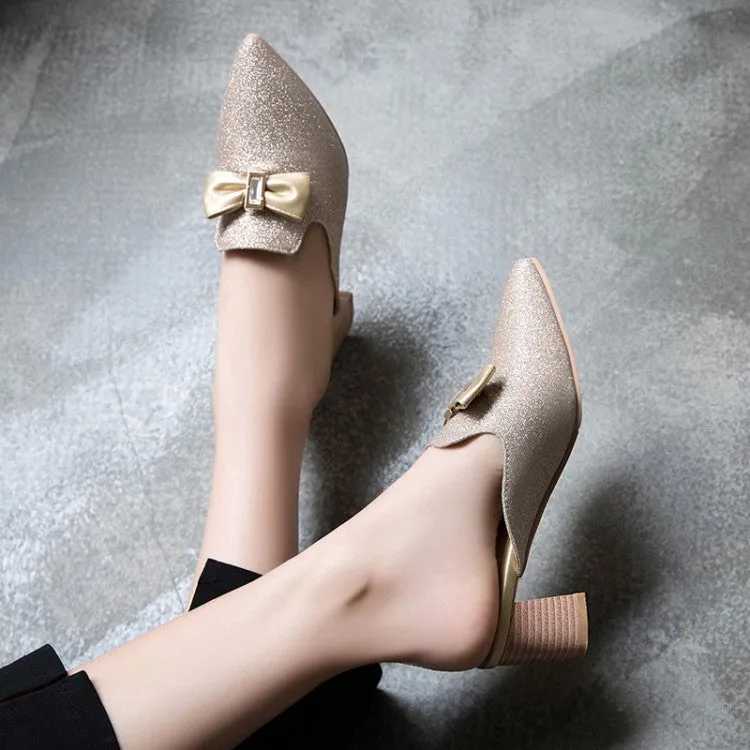 Women's Glittery Bow Tie Pointed Toe Block Heel Slides