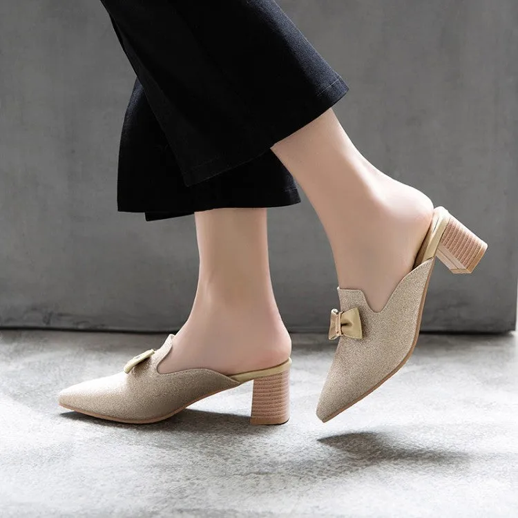 Women's Glittery Bow Tie Pointed Toe Block Heel Slides