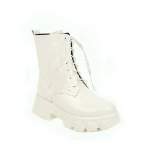 Women's Glossy Lace Up Side Zippers Block Heel Platform Short Boots