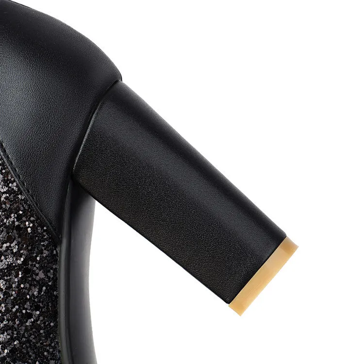 Women's Glossy Sequins Pointed Toe Block Heel Ankle Boots