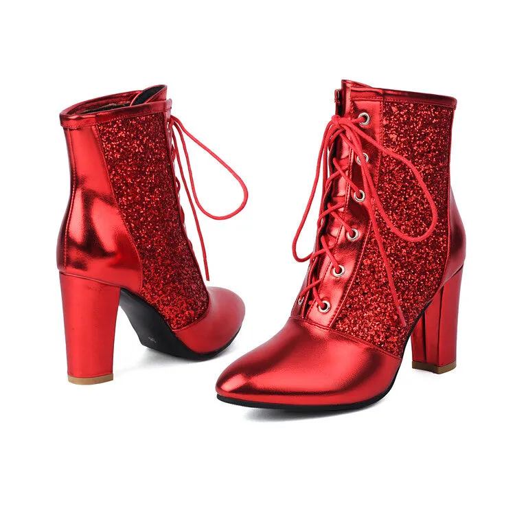 Women's Glossy Sequins Pointed Toe Block Heel Ankle Boots