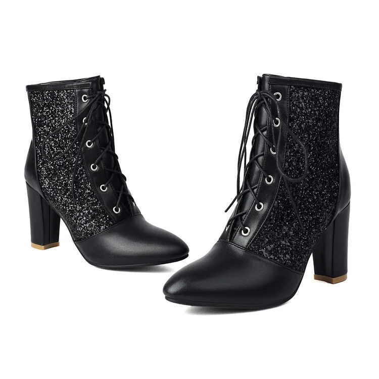 Women's Glossy Sequins Pointed Toe Block Heel Ankle Boots