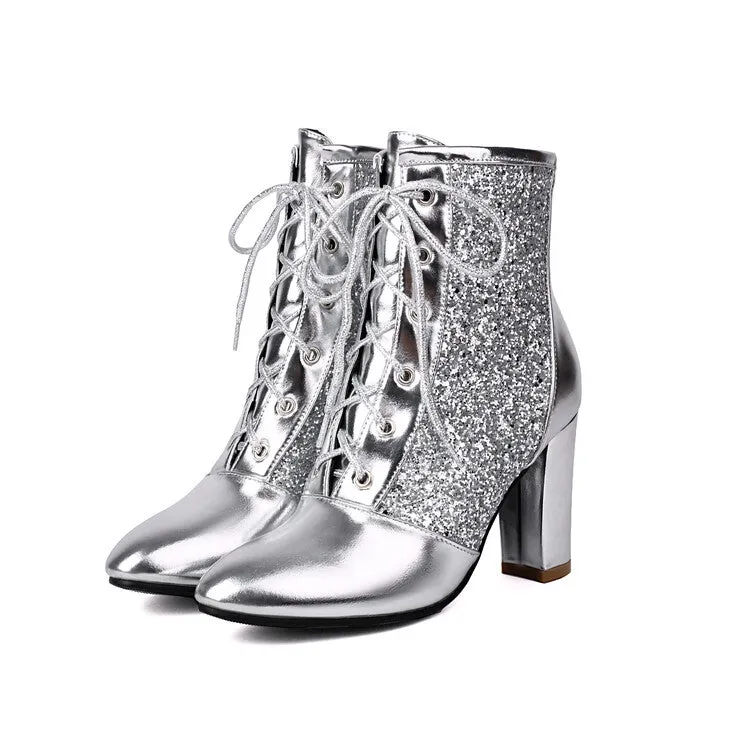 Women's Glossy Sequins Pointed Toe Block Heel Ankle Boots
