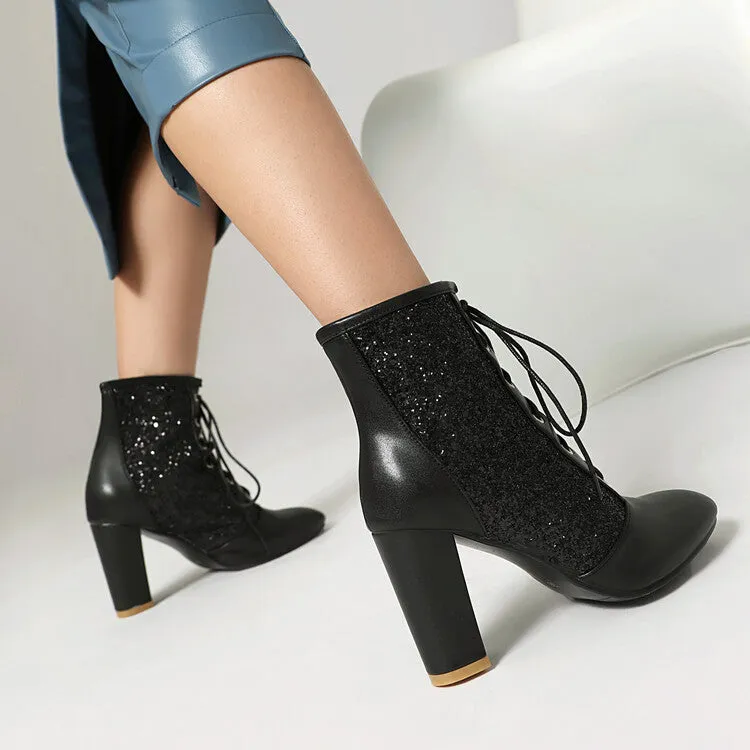 Women's Glossy Sequins Pointed Toe Block Heel Ankle Boots