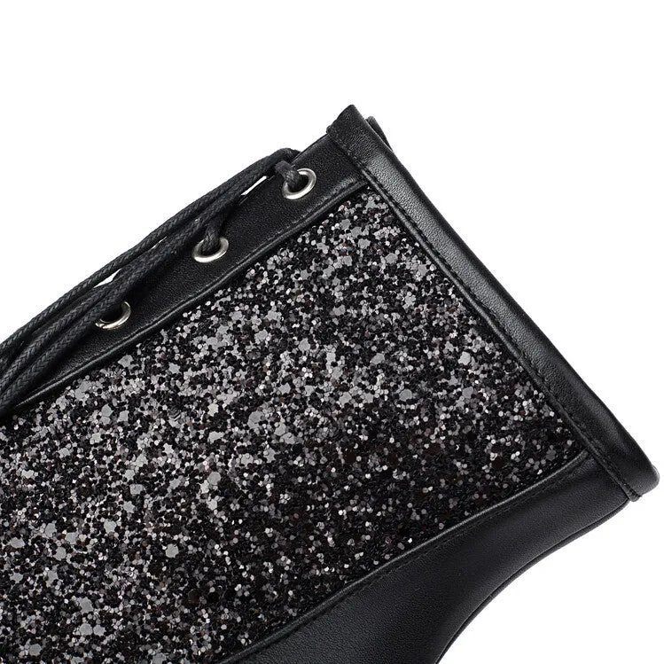 Women's Glossy Sequins Pointed Toe Block Heel Ankle Boots