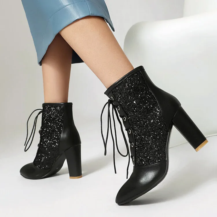 Women's Glossy Sequins Pointed Toe Block Heel Ankle Boots