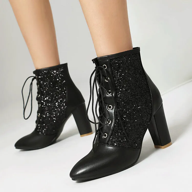 Women's Glossy Sequins Pointed Toe Block Heel Ankle Boots