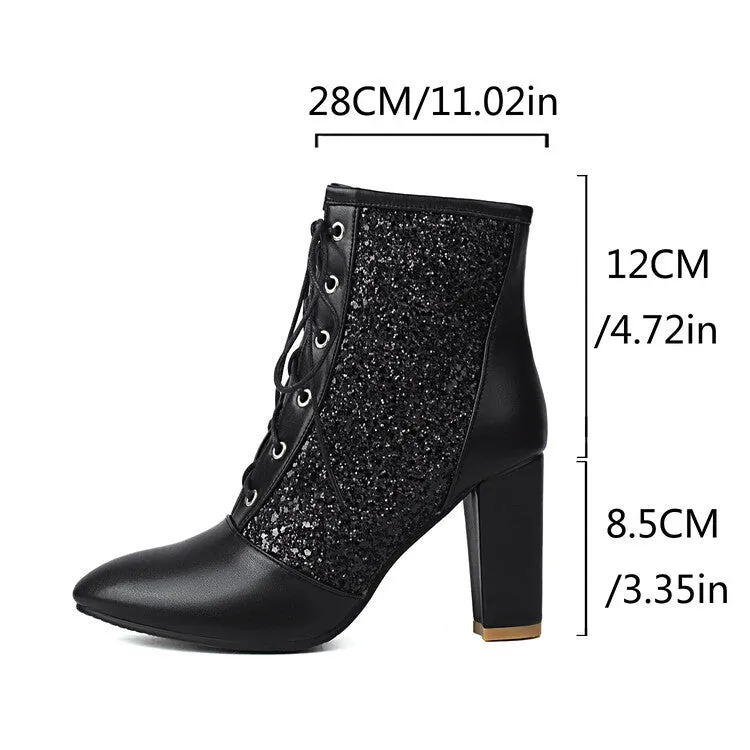 Women's Glossy Sequins Pointed Toe Block Heel Ankle Boots