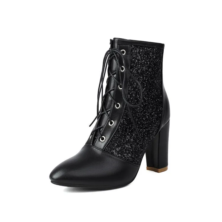 Women's Glossy Sequins Pointed Toe Block Heel Ankle Boots