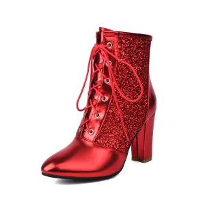 Women's Glossy Sequins Pointed Toe Block Heel Ankle Boots