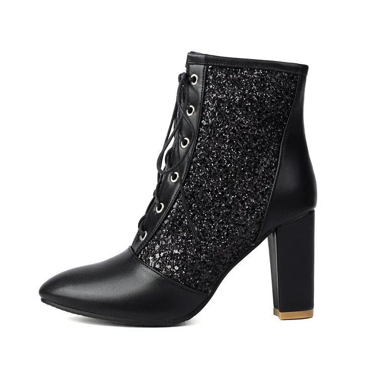 Women's Glossy Sequins Pointed Toe Block Heel Ankle Boots