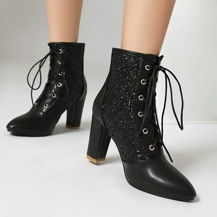 Women's Glossy Sequins Pointed Toe Block Heel Ankle Boots