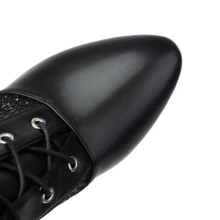 Women's Glossy Sequins Pointed Toe Block Heel Ankle Boots