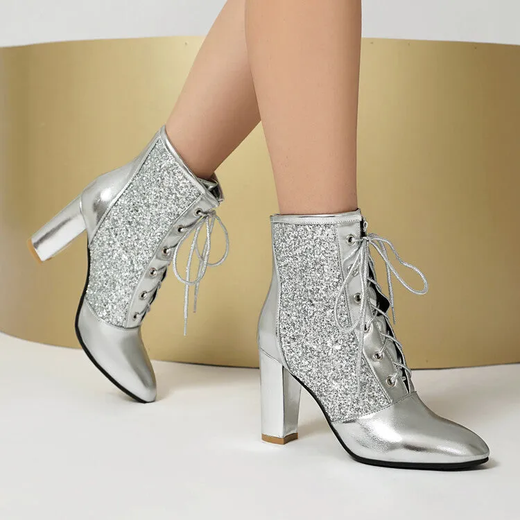Women's Glossy Sequins Pointed Toe Block Heel Ankle Boots