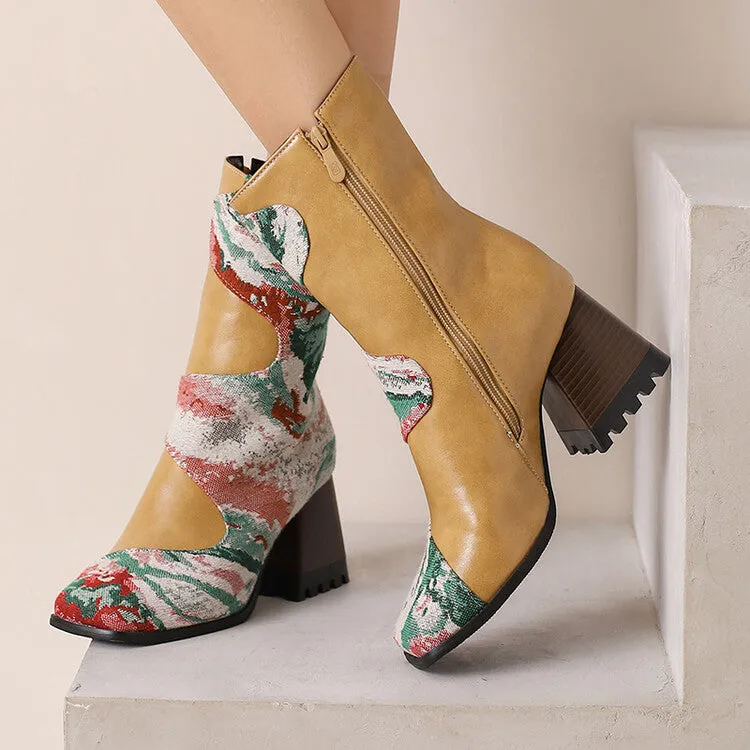 Women's Patchwork Square Toe Block Heel Ankle Boots