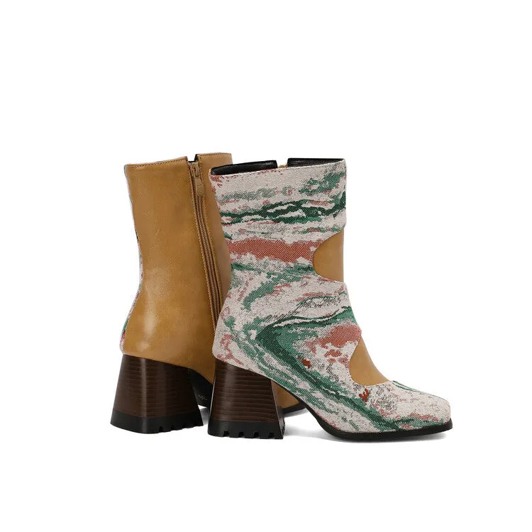 Women's Patchwork Square Toe Block Heel Ankle Boots