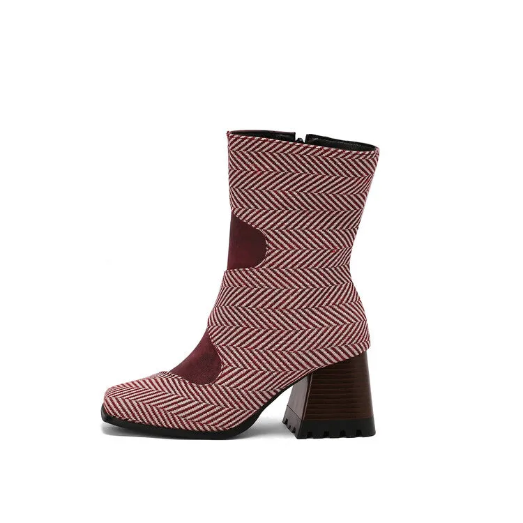 Women's Patchwork Square Toe Block Heel Ankle Boots