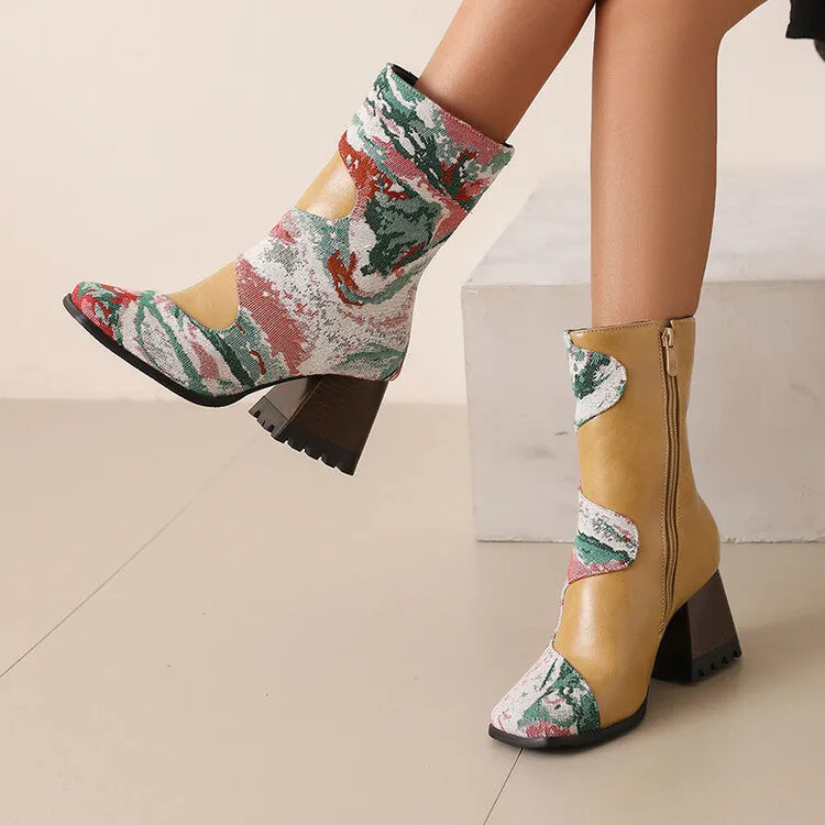 Women's Patchwork Square Toe Block Heel Ankle Boots