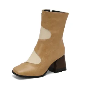 Women's Patchwork Square Toe Block Heel Ankle Boots